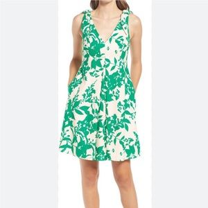 Eliza J tie shoulder linen floral dress; Green-size 16